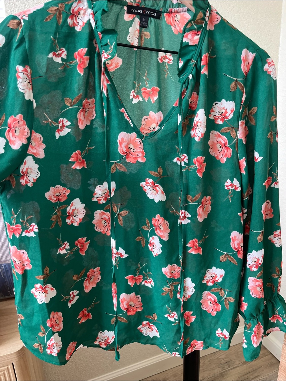 Moa Moa Emerald Green Floral Tie-Neck Blouse